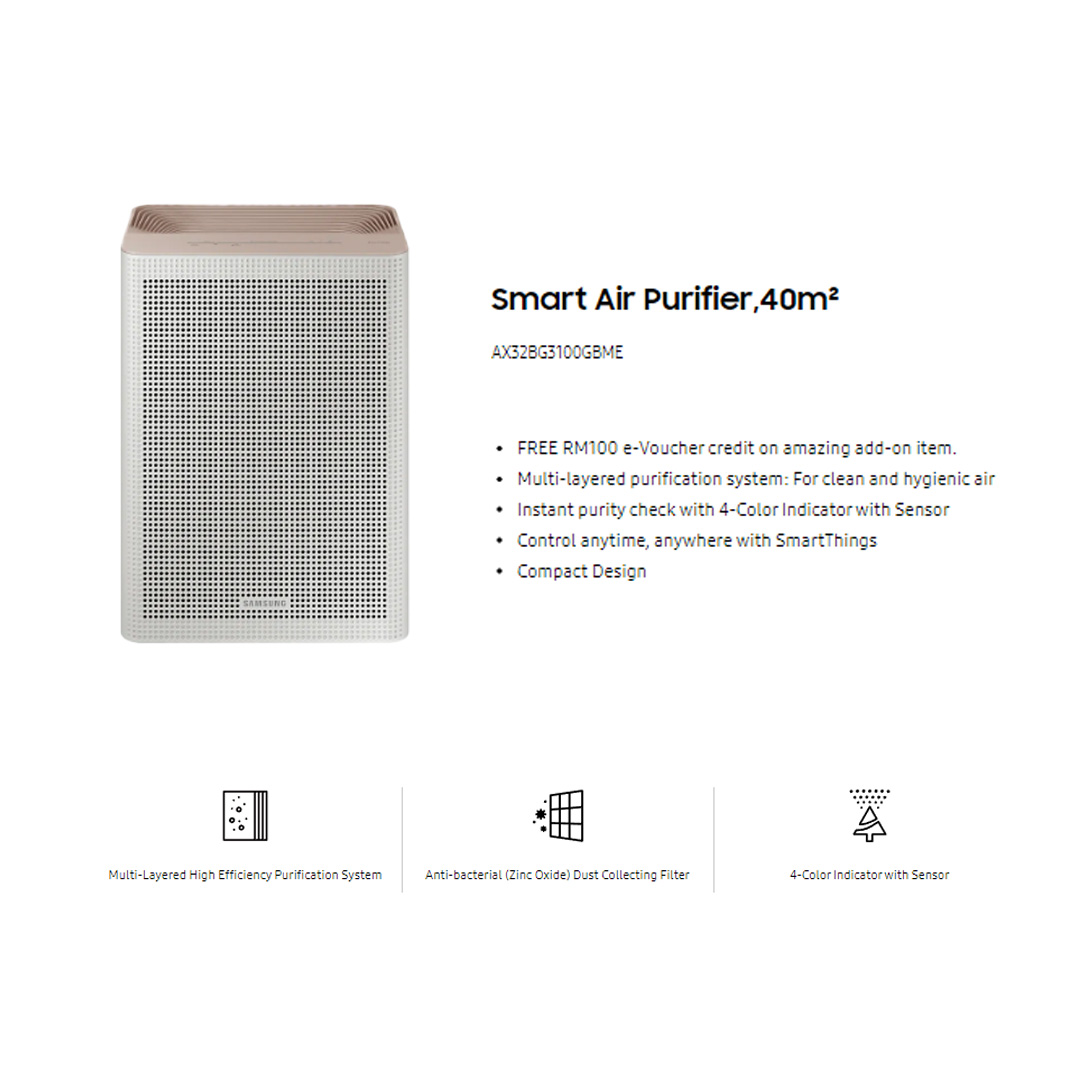 SAMSUNG 40m²/min Smart Air Purifier AX32BG3100GBME | Sleep Mode | Compact Design | Auto Mode | SmartThings | Easy to Maintain | Air Purifier with with 1 Year Warranty