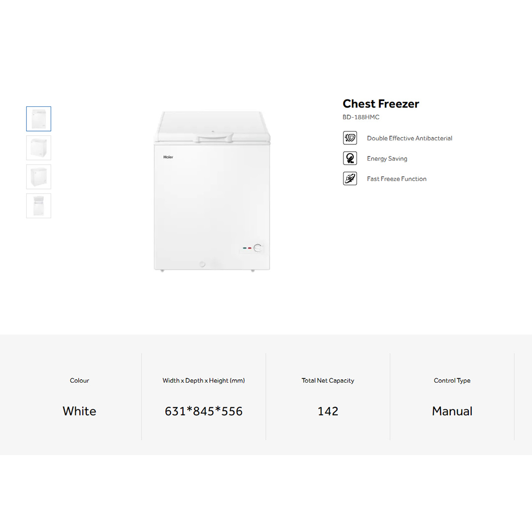 HAIER 142L Chest Freezer BD-188HMC | Double Effective Antibacterial | Fast Freeze Function | Energy Saving | Chest Freezer with 2 Year Warranty