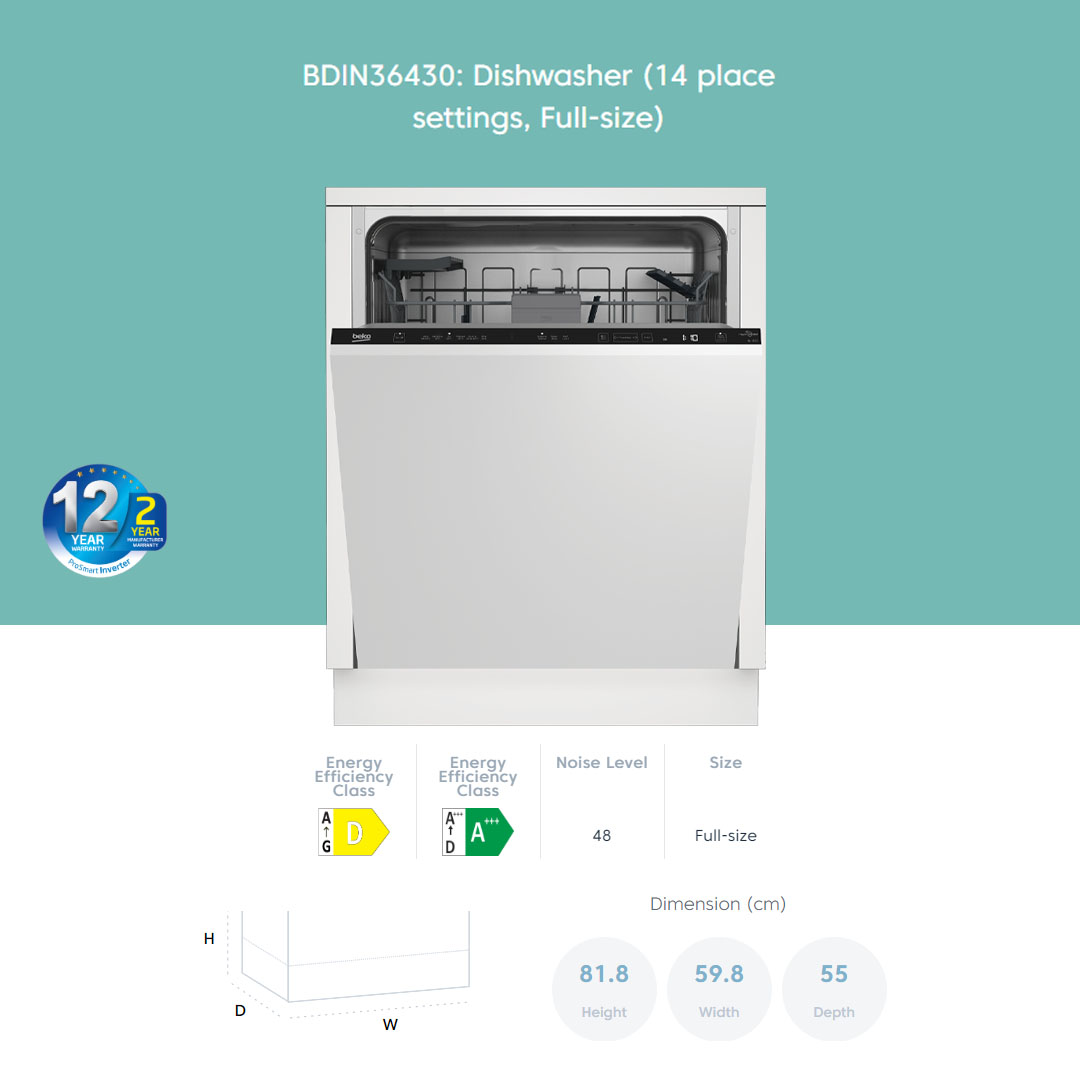 Beko 14 Place Settings Built in ProSmart Inverter Dishwasher BDIN36430 | 6 Number of Programmes | SelfDry | SteamGloss | Dish Washer with 2 Year Warranty