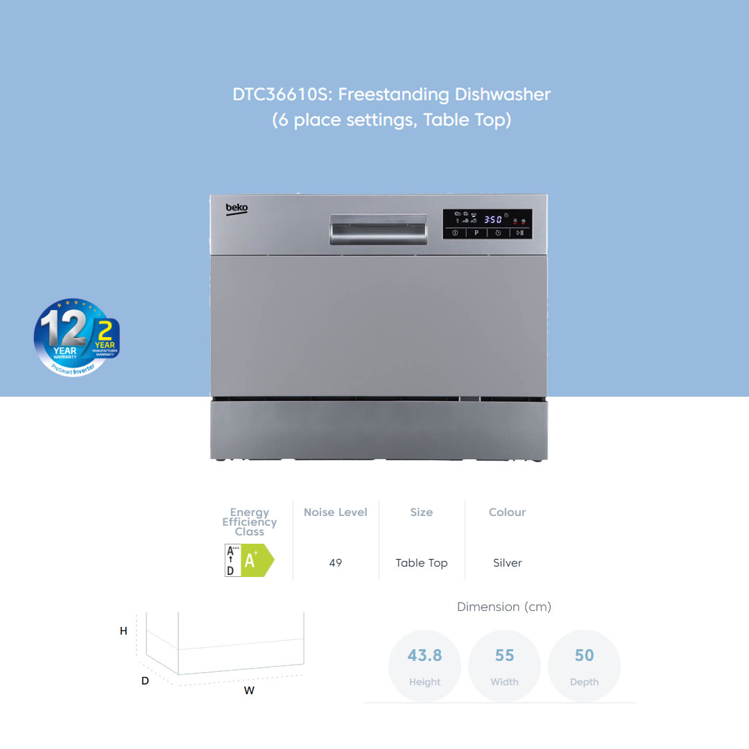 Beko 6 Place Settings Table Top ProSmart Inverter Dishwasher DTC36610S | WaterSafe | Energy Efficiency Class A+ | QuickWash | Dish Washer with 2 Year Warranty