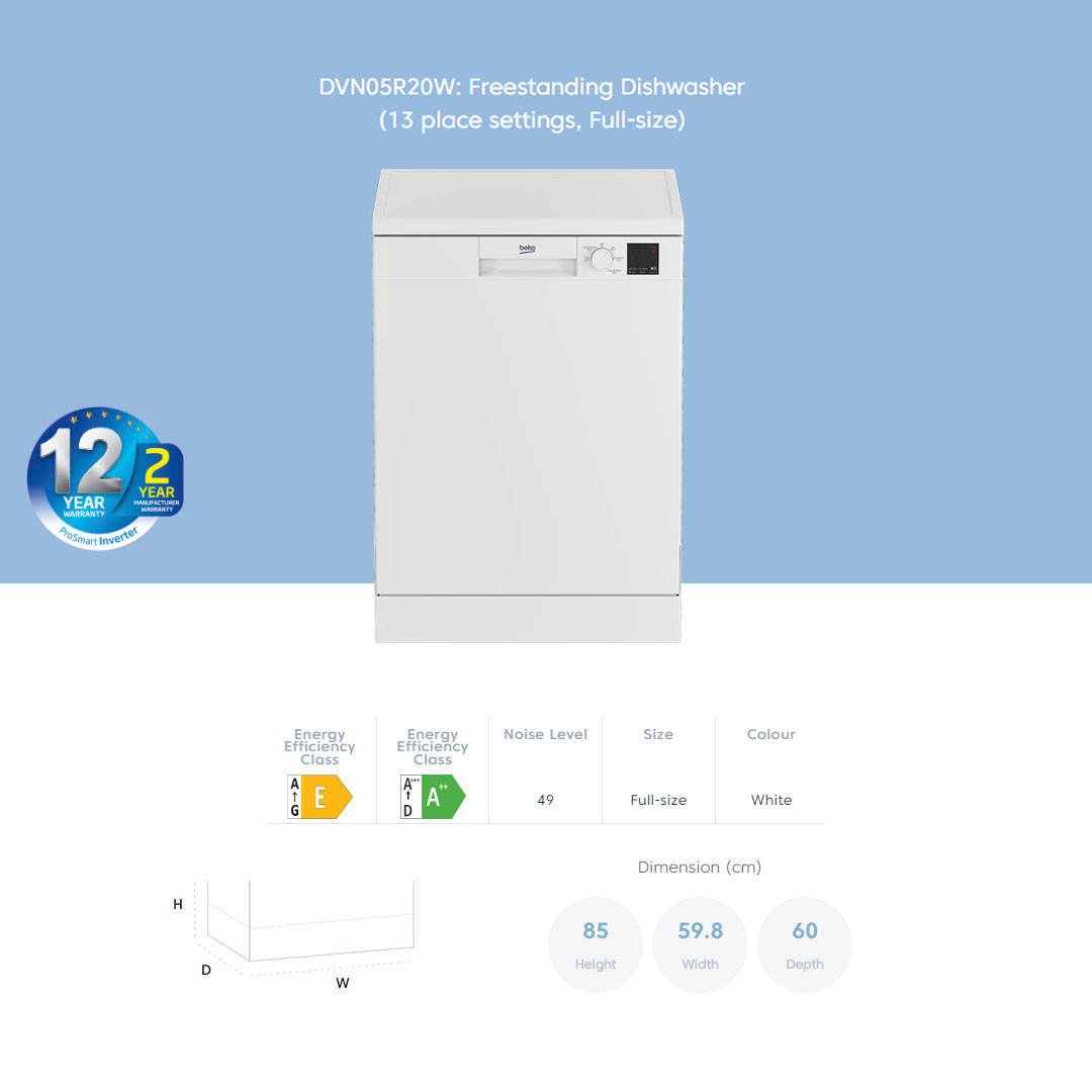 Beko 13 Place Settings Free Standing ProSmart Inverter Dishwasher DVN05R20W | Sliding Cutlery Basket | Sliding Detergent Dispenser | LED Display | Child Lock | Dish Washer with 2 Year Warranty