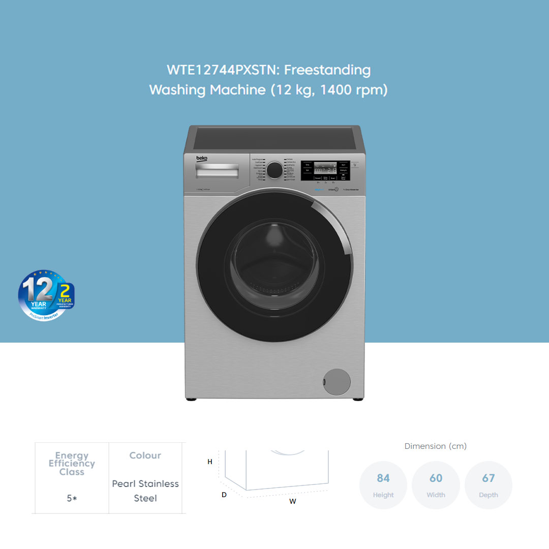 Beko 12KG Front Load ProSmart Inverter Washing Machine WTE12744PXSTN | AntiCrease | AquaWave | Extra Rinse | Steam | DrumClean | Washing Machine with 2 Year Warranty