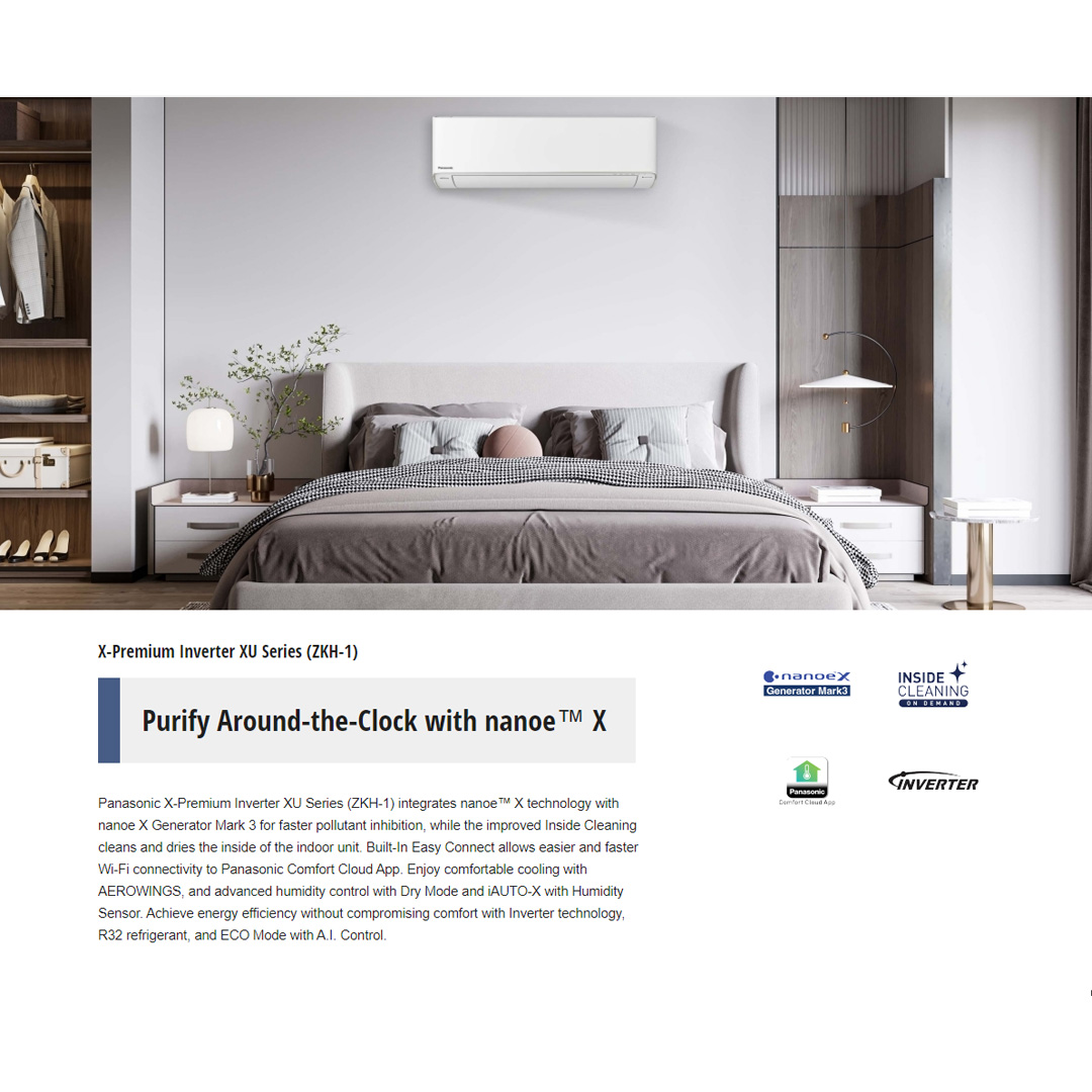 Panasonic 2HP R32 Premium Inverter Wall Mount Air Conditioner CS-XU18ZKH/CU-XU18ZKH | Connectivity and Control,Simplified | Clean&Fresh Environment Every Day | Connect&Control Your Air Conditioners Anywhere,Anytime | Air Conditioner with 2 Year Warranty