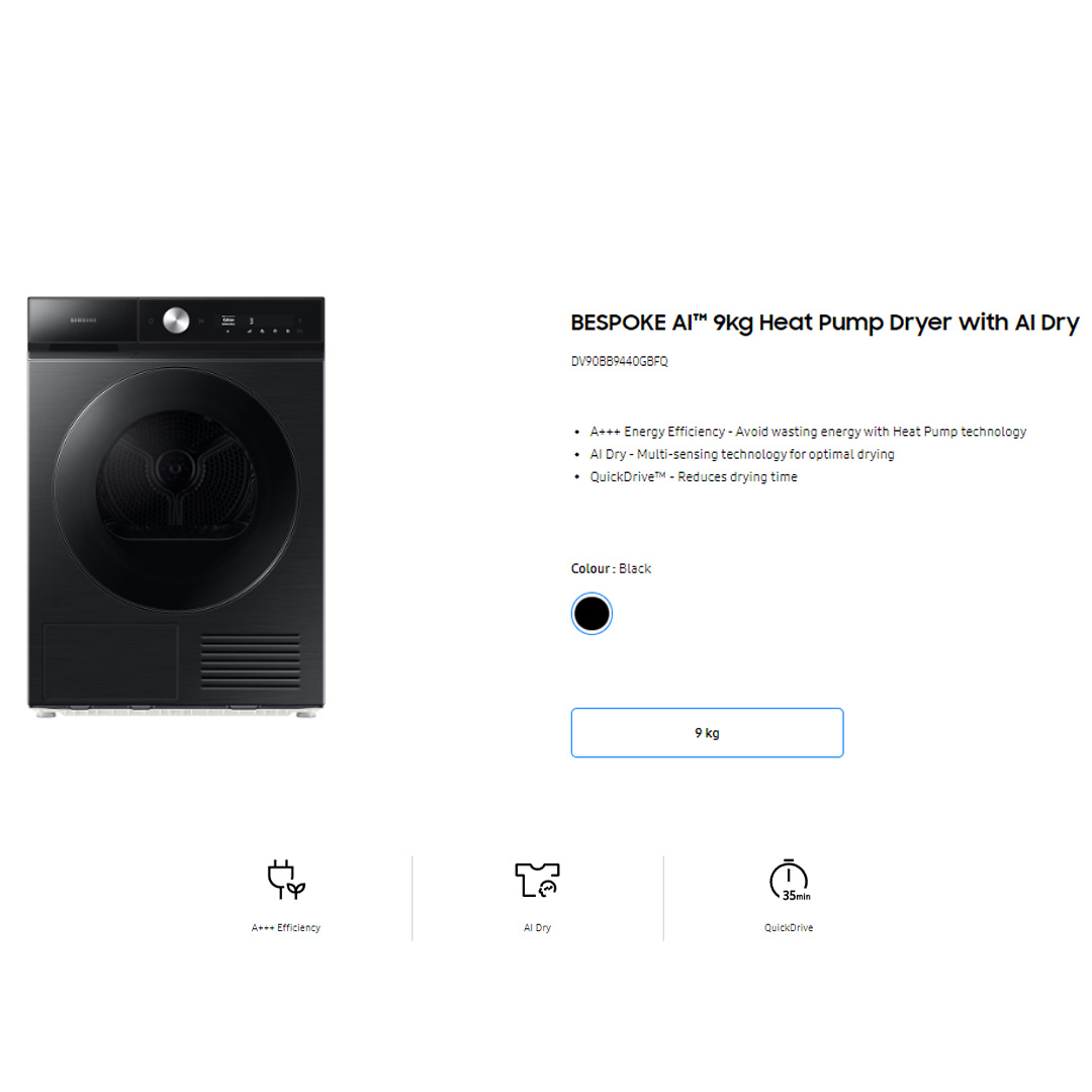 SAMSUNG 9KG Front Load Digital Inverter Heat Pump Dryer with AI Control DV90T8240SX/FQ  | A+++ Efficiency | AI Dry | QuickDrive | Super Speed | Silent Dry | Heat Pump Dryer with 1 Year Warranty