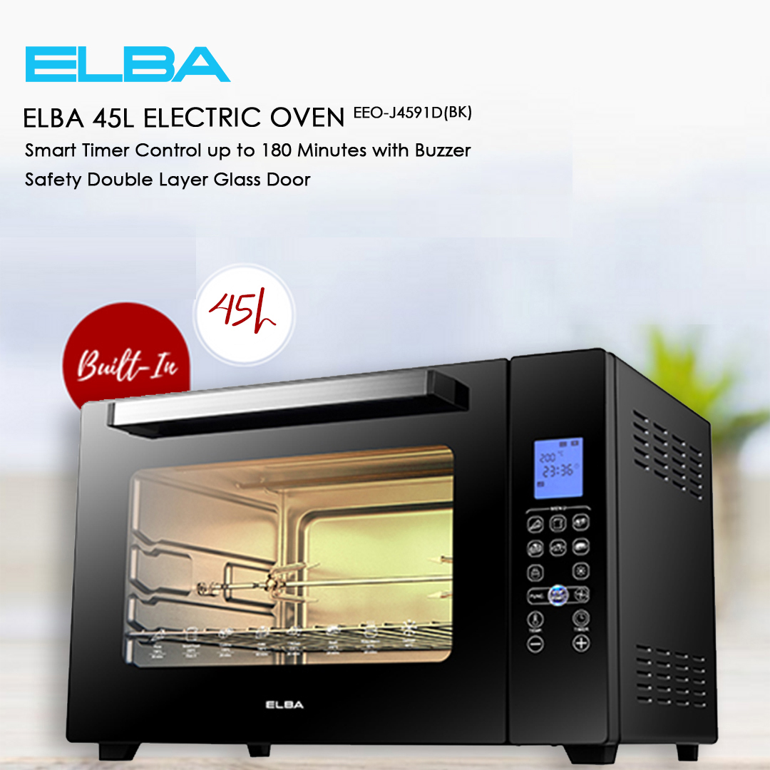ELBA 45L Electric Oven EEO-J4591D(BK) | 6 Heating Selections | 8 Preset Programmes | Safety Double Layer Glass Door | Smart Timer Control up to 180 Minutes with Buzzer | Oven with 1 Year Warranty