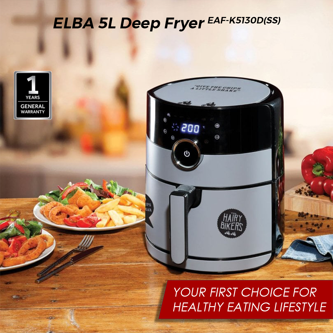 ELBA 5L Deep Fryer EAF-K5130D(SS) | 360° High Speed Hot Air Circulation Technology | Touch Control Panel | Variable Cooking Functions | Cool Touch Body and Grip Handle | Deep Fryer with 1 Year Warranty