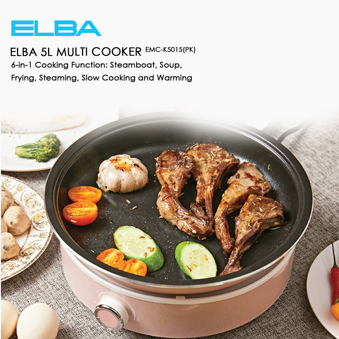 ELBA 5L Multi Cooker EMC-K5015(PK) | 6-in-1 Cooking Function | Removable Non-Stick Pot | Transparent Glass Cover | Comes with Grill Pan | Multi Cooker with 1 Year Warranty