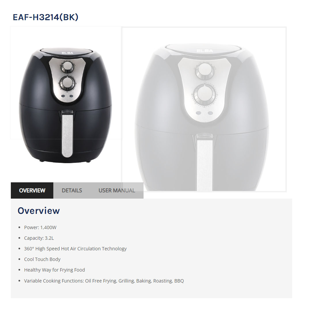 ELBA 3.2L Air Fryer EAF-H3214(BK) | Power: 1,400W | Variable Cooking Functions: Oil Free Frying, Grilling, Baking, Roasting, BBQ | 360° High Speed Hot Air Circulation Technology | Air Fryer with 1 Year Warranty
