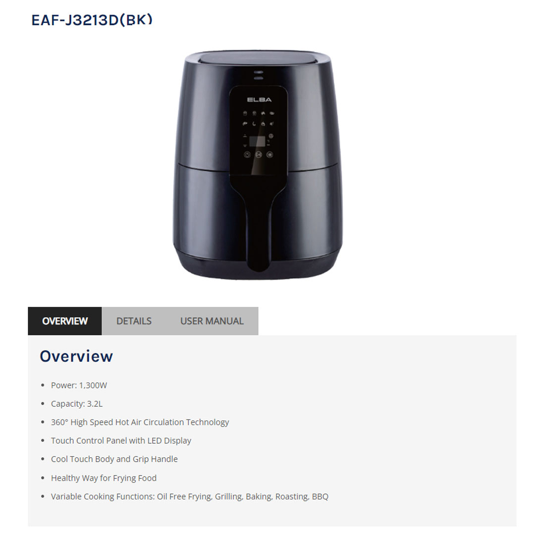 ELBA 3.2L Air Fryer EAF-J3213D(BK) | Power: 1,300W | 8 Preset Cooking Setting | Over Heat Protection | Timer Control | Air Fryer with 1 Year Warranty