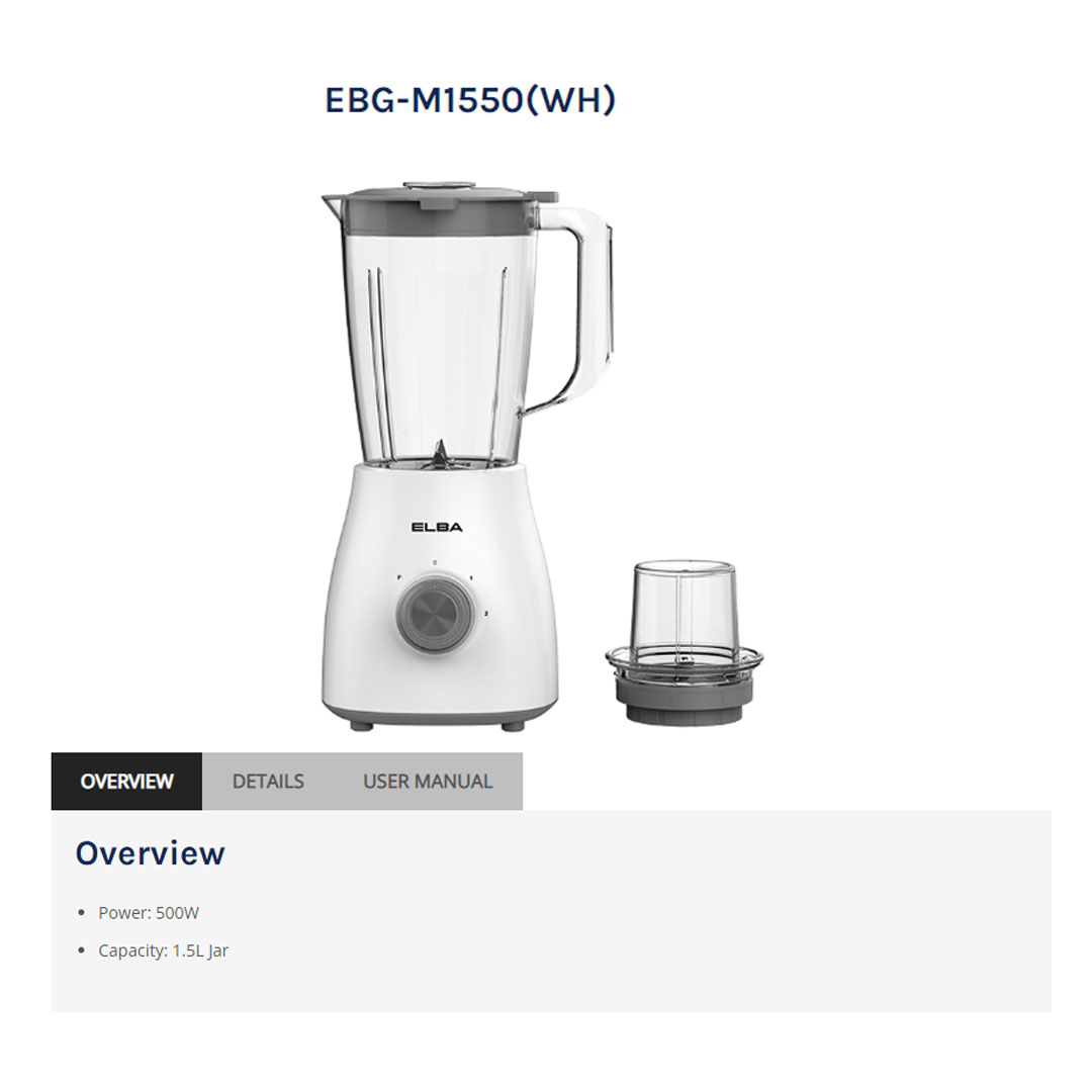 ELBA 1.5L Blender EBG-M1550(WH) | Power: 500W | 2-Speed With Pulse Function | Saferty Locking System | With Grinder | Blender with 1 Year Warranty