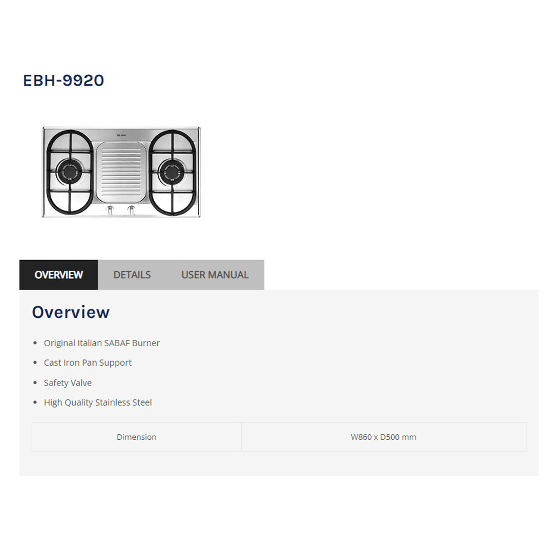 ELBA 2 burners Built-In Stainless Steel Hob EBH-9920 | Original Italian SABAF Burner | Cast Iron Pan Support | Safety Valve | Hob with 1 Year Warranty