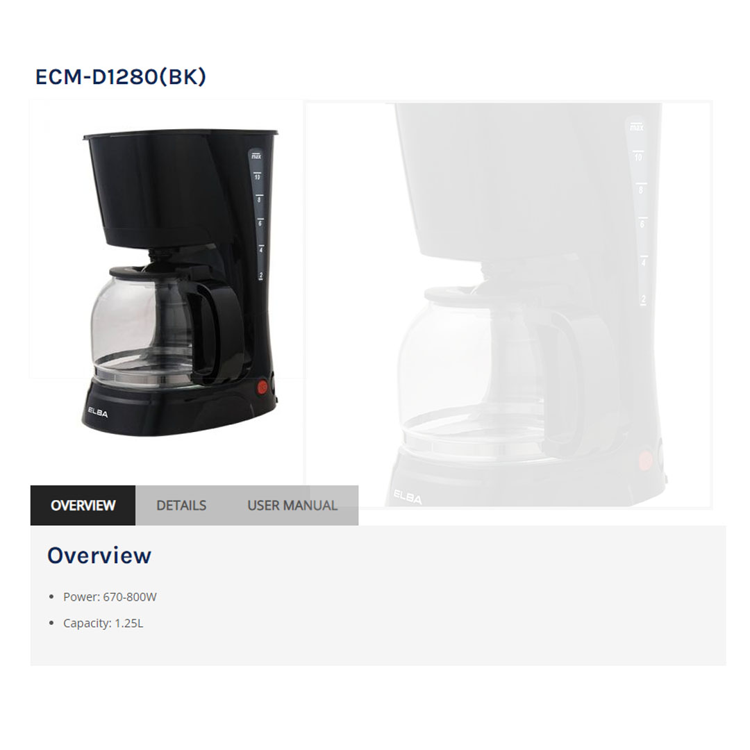 ELBA 1.25L Coffee Maker Machine ECM-D1280(BK) | Removable and Washable Filter Basket | Keep Warm Function | Anti-drip System | Coffee Maker Machine with 1 Year Warranty