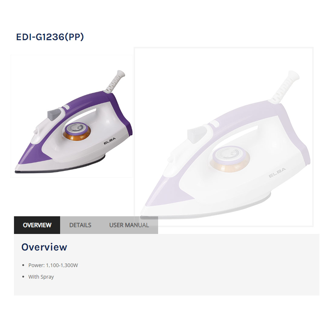 ELBA 1300W Dry Iron EDI-G1236(PP) | With Spray Function | Non Stick Coating Soleplate | Adjustable Temperature Control Dial | Overheat Safety Protection | Iron with 1 Year Warranty