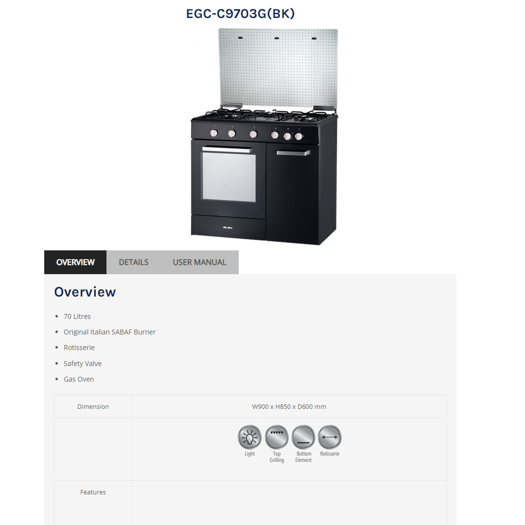 ELBA 2 Burners Gas Cooker EGC-C9703G(BK) | Original Italian SABAF Burner | Safety Valve | Gas Oven | Gas Cooker with 1 Year Warranty