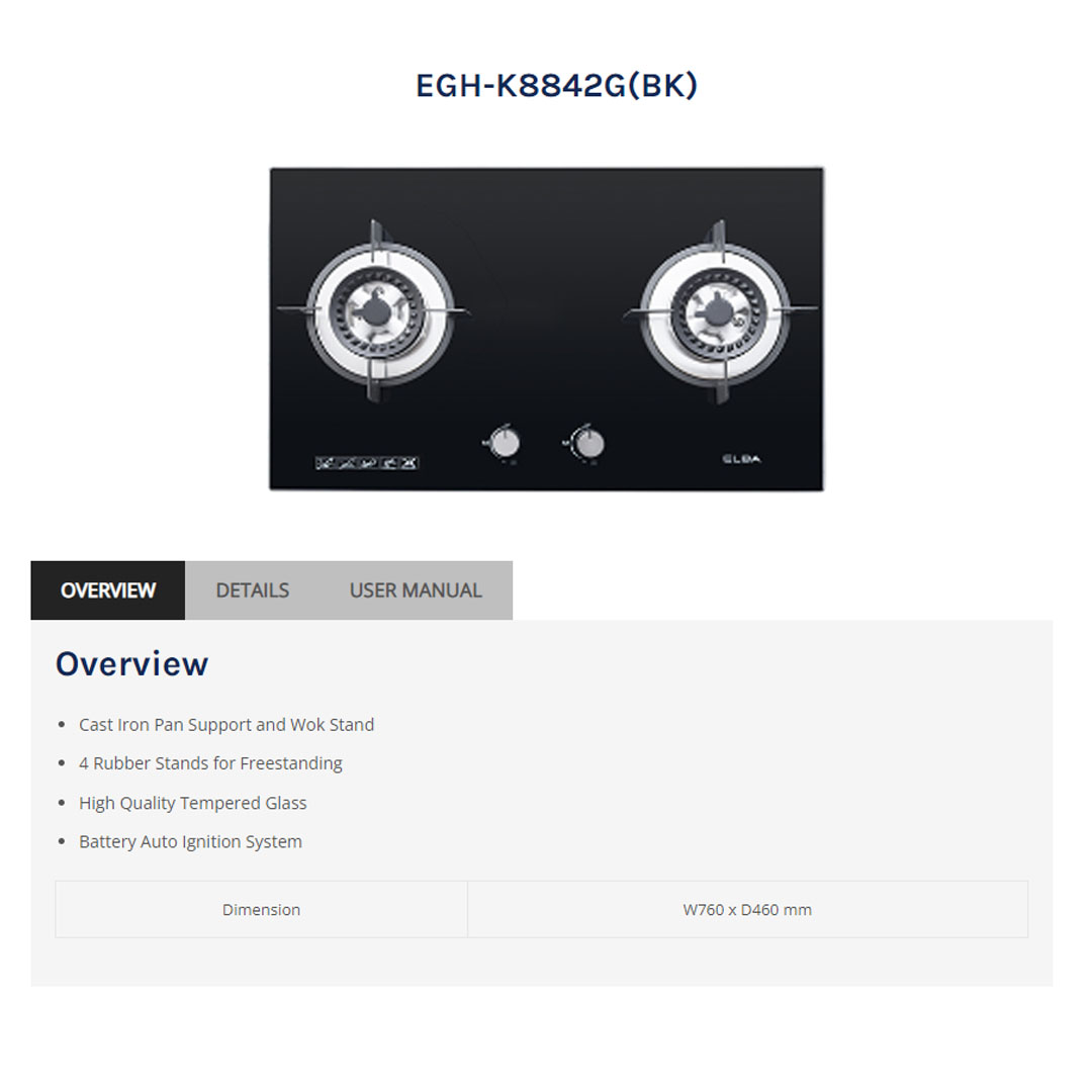 ELBA 2 Burners Built-In Glass Hob EGH-K8842G(BK) | Battery Auto Ignition System | 4 Rubber Stands for Freestanding | High Quality Tempered Glass | Cast Iron Pan Support and Wok Stand | Gas Cooker Hub with 1 Year Warranty