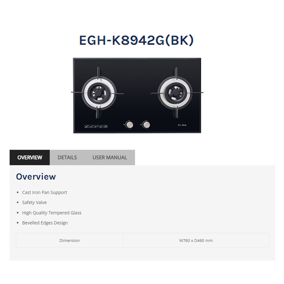 ELBA 2 Burners Built-In Glass Hob EGH-K8942G(BK) | Safety Valve | High Quality Tempered Glass | Cast Iron Pan Support | Bevelled Edges Design | Hob with 1 Year Warranty