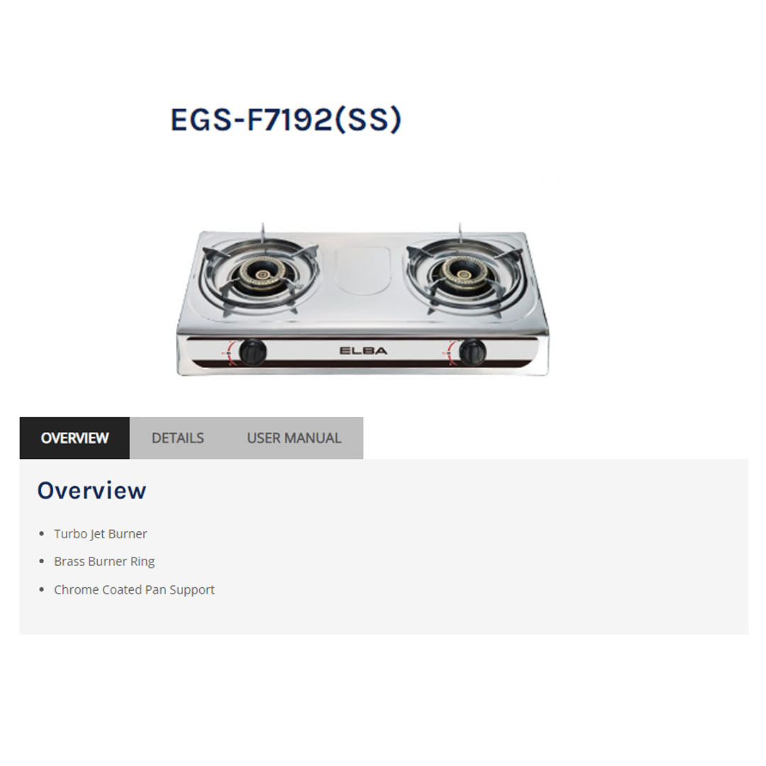 ELBA 2 Burners Gas Stove EGS-F7192(SS) | Turbo Jet Burner | Brass Burner Ring | Chrome Coated Pan Support | Gas Stove with 1 Year Warranty