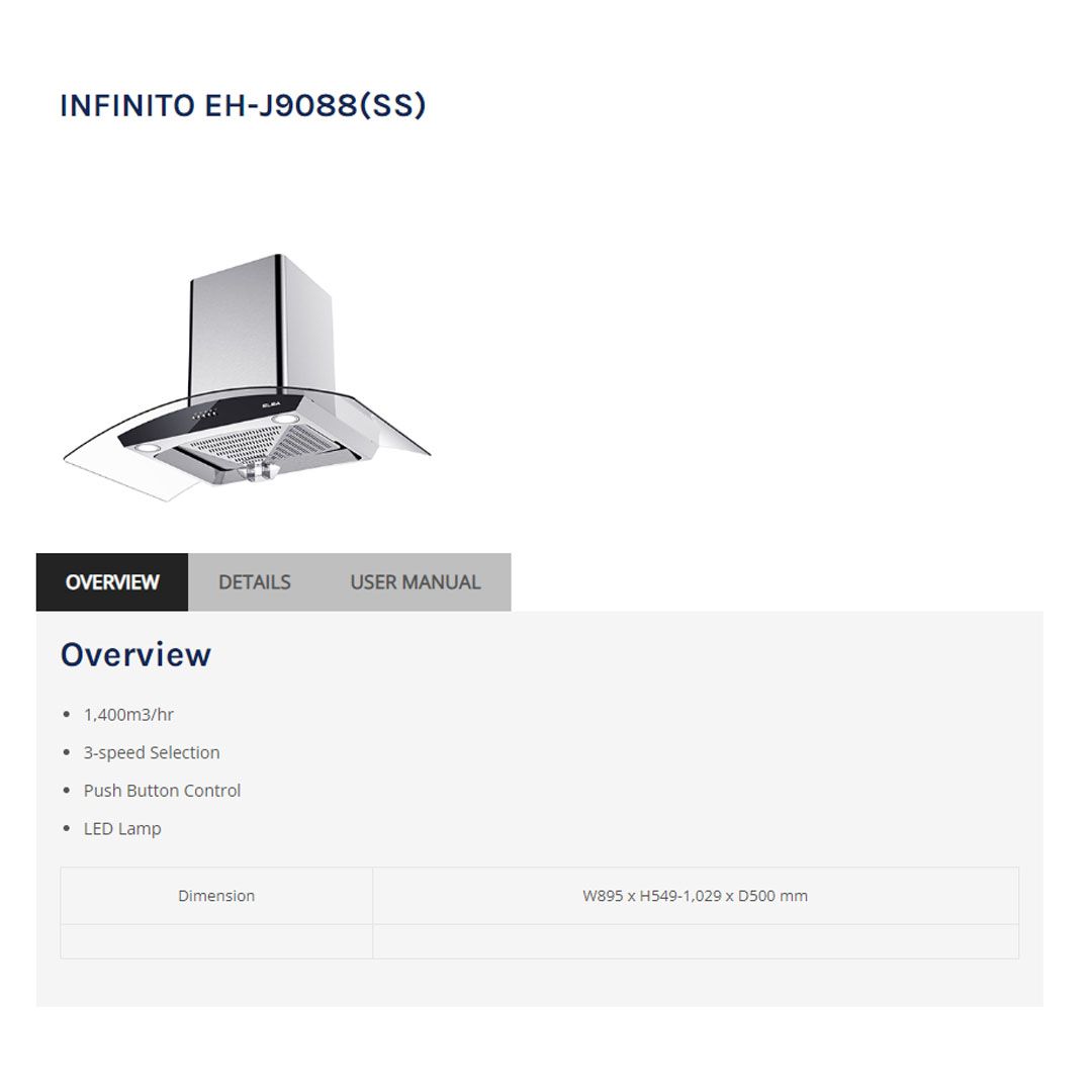 ELBA 1,400m3/hr Designer Hood EH-J9088(SS) | 3-speed Selection | Push Button Control | LED Lamp | Hood with 1 Year General Warranty & 5 Years Motor Warranty