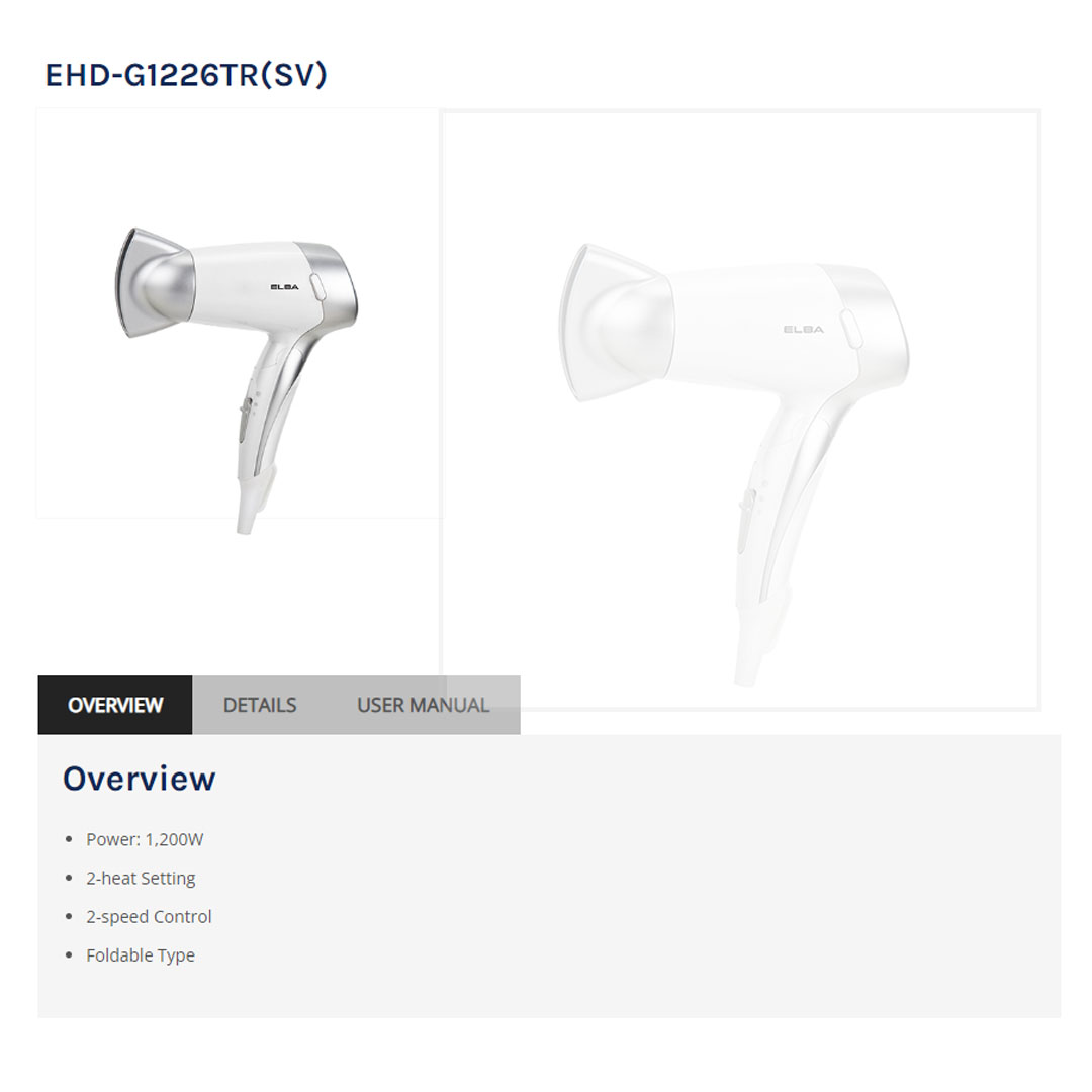 ELBA 1200W Hair Dryer EHD-G1226TR(SV) | Overheating Protection | 2 Speed Control | 2 Heat Setting | Foldable Type | Hair Dryer with 1 Year Warranty