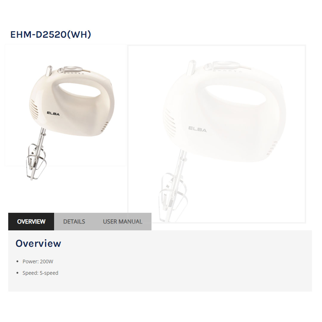 ELBA 200W Hand Mixer EHM-D2520(WH) | Included Beaters and Dough Hooks | Turbo Function | 5 Speeds | Eject Function | Hand Mixer with 1 Year Warranty