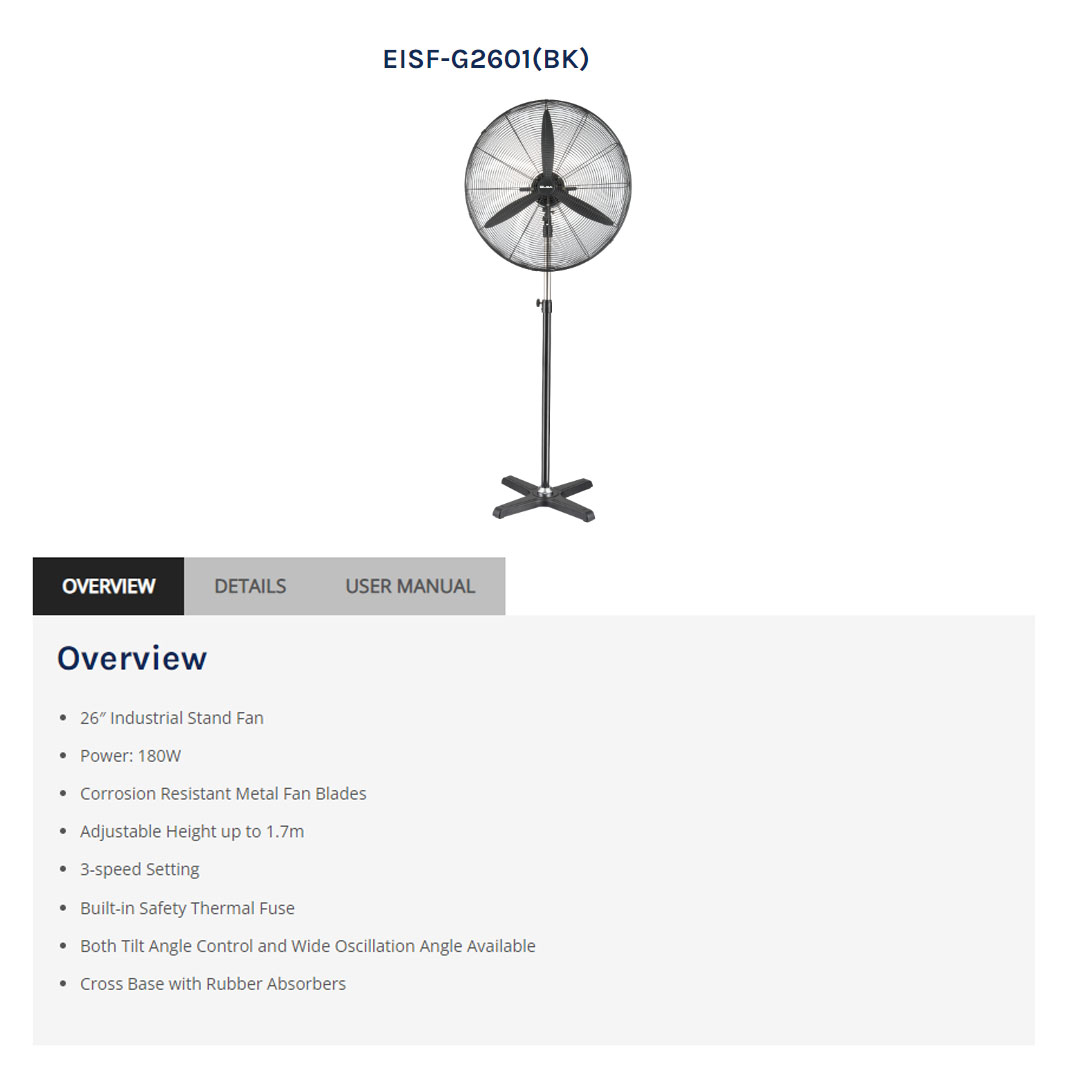 ELBA 26" Industrial Stand Fan EISF-G2601(BK) | 3-speed Setting | Built-in Safety Thermal Fuse | Adjustable Height | Tilt Angle Control and Wide Oscillation Angle | Industrial Stand Fan with 1 Year Warranty