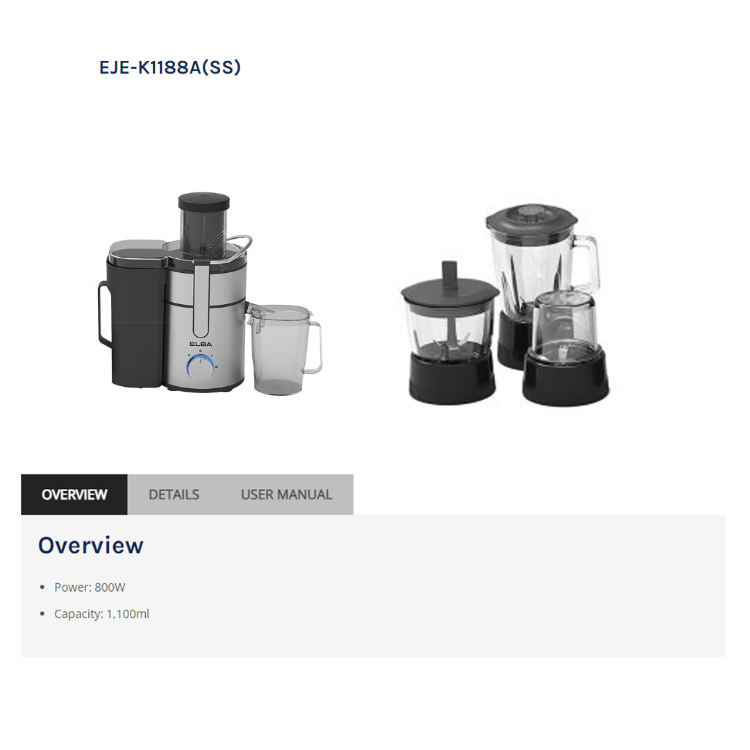 ELBA 1.1 Juice Extractor Stainless Steel EJE-K1188A(SS) | 4-in-1 Blender, Chopper, Juicer, Grinder | 2-Speed Switch Control | Safety Locking System | Juice Extractor with 1 Year Warranty