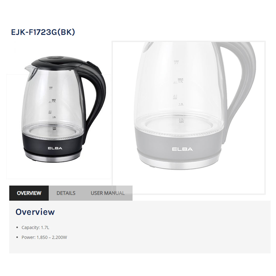 ELBA 1.7L Kettle EJK-F1723G(BK) | Borosilicate Glass Body | Removable & Washable Filter | Dry Boiled Protection | Automatic Boiling & Switch Off | Kettle with 1 Year Warranty