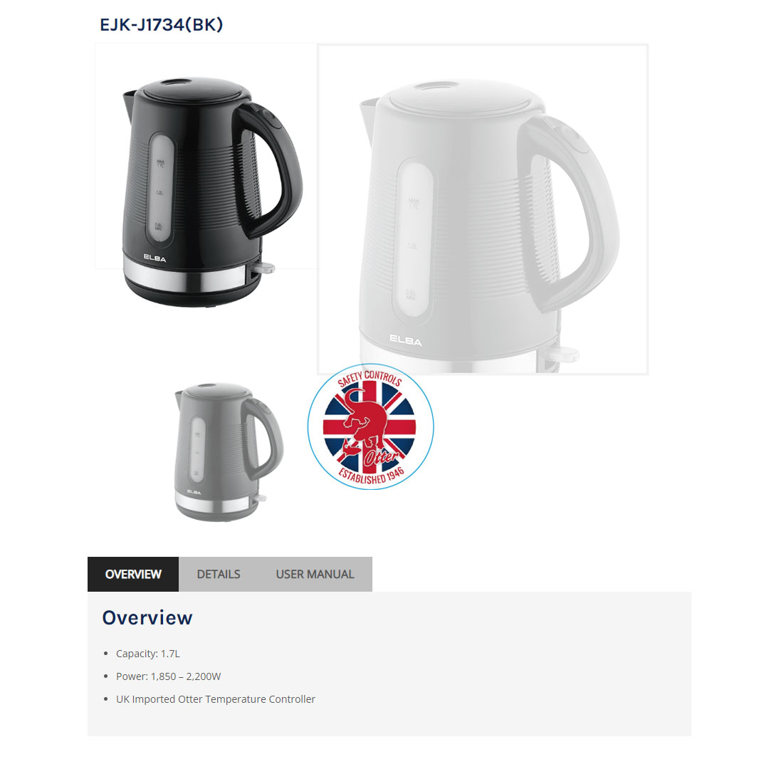 ELBA 1.7L Kettle EJK-J1734(BK) | UK Imported Otter Temperature Controller | Automatic Boiling & Switch Off | Dry Boiled Protection | Kettle with 1 Year Warranty