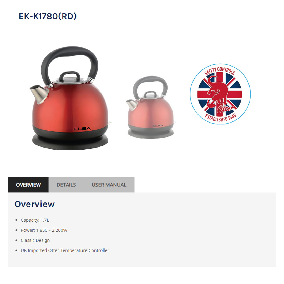 ELBA 1.7L Jug Kettle EK-K1780(RD) | UK Imported Otter Temperature Controller | Dry Boiled Protection | Automatic Boiling & Switch Off | Kettle with 1 Year Warranty