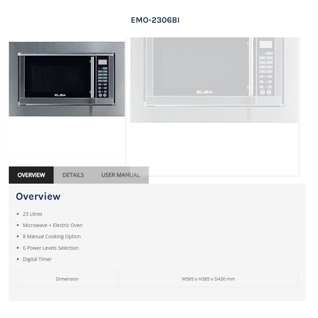 ELBA 23L Built-in Microwave Oven EMO-2306BI | 8 Manual Cooking Option | 6 Power Levels Selection | Digital Timer | Microwave Oven with 1 Year Warranty