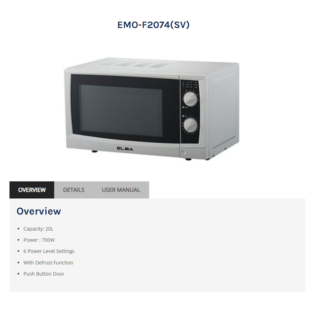 ELBA 20L Microwave Oven EMO-F2074(SV) | 6 Power Level Settings | With Defrost Function | Push Button Door | Microwave Oven with 1 Year Warranty