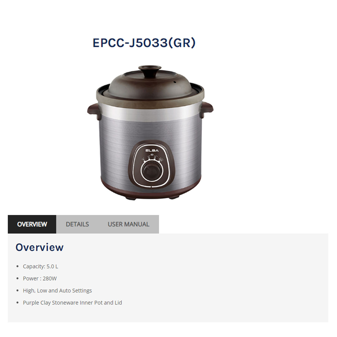ELBA 5L Purple Clay Slow Cooker EPCC-J5033(GR) | Purple Clay Stoneware Inner Pot and Lid | Power : 280W | Suspension Type 3D Heating | Slow Cooker with 1 Year Warranty