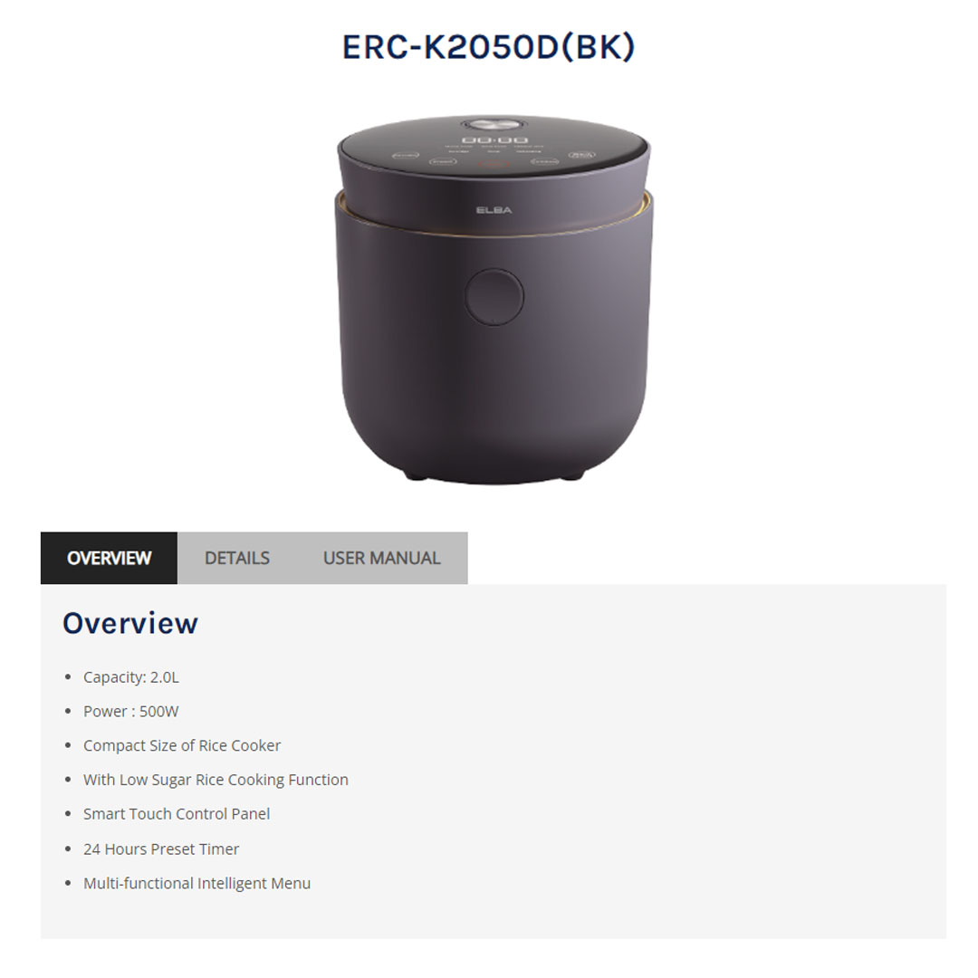 ELBA 2L Microcomputer Rice Cooker ERC-K2050D(BK) | With Low Sugar Rice Cooking Function | Smart Touch Control Panel | 24 Hours Preset Timer | Multi-functional Intelligent Menu | Rice Cooker with 1 Year Warranty