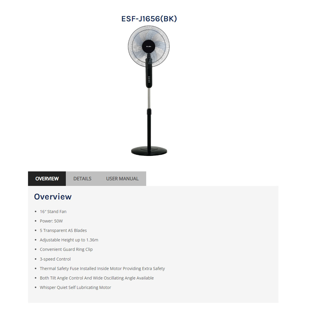 ELBA 16" Stand Fan ESF-J1656(BK) | 5 Transparent AS Blades | Whisper Quiet Self Lubricating Motor | 3-speed Control | Thermal Safety Fuse | Stand Fan with 1 Year Warranty