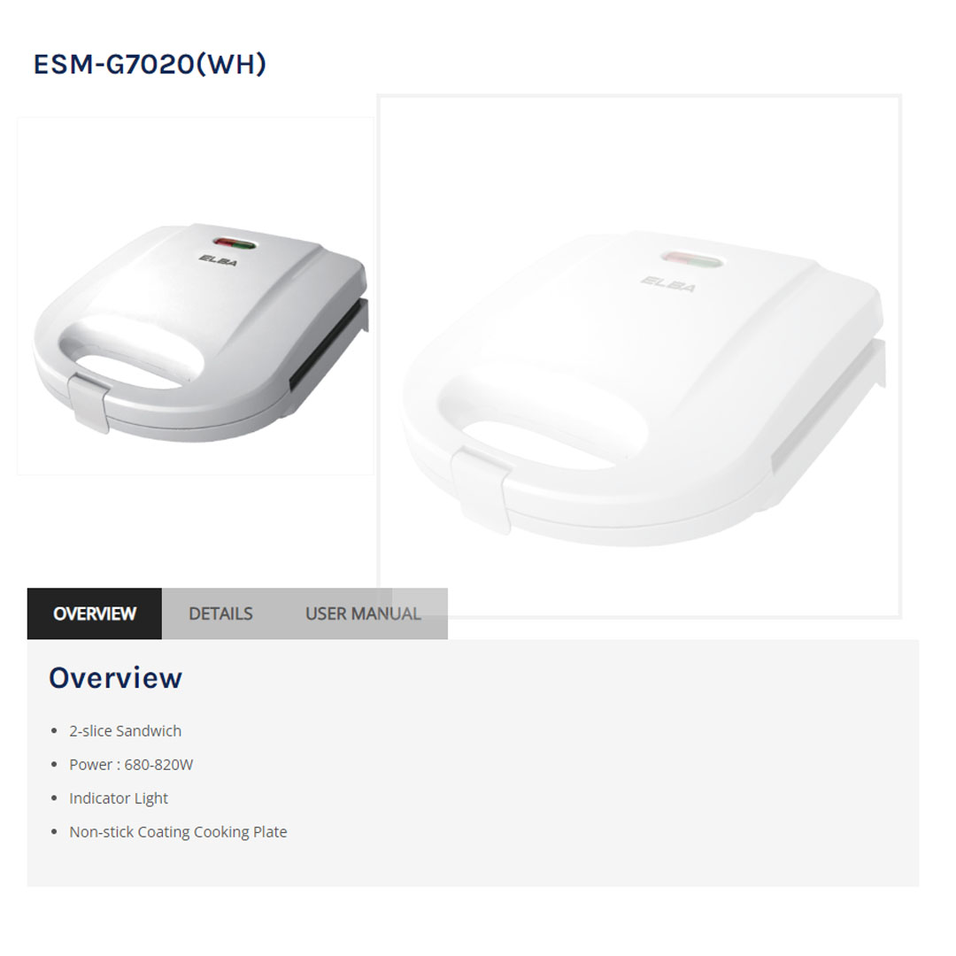 ELBA  Sandwich Maker ESM-G7020(WH) | 2-slice Sandwich | Indicator Light | Non-stick Coating Cooking Plate | Sandwich Maker with 1 Year Warranty