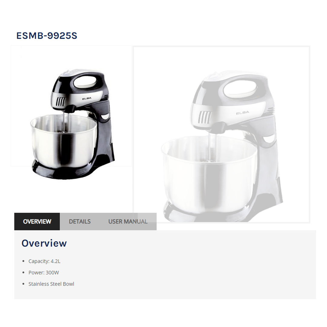 ELBA 4.2L Stand Mixer ESMB-9925S | Included Beaters, Dough Hooks, Stainless Steel Stand Bowl | Turbo Function | Eject Function | Stand Mixer with 1 Year Warranty