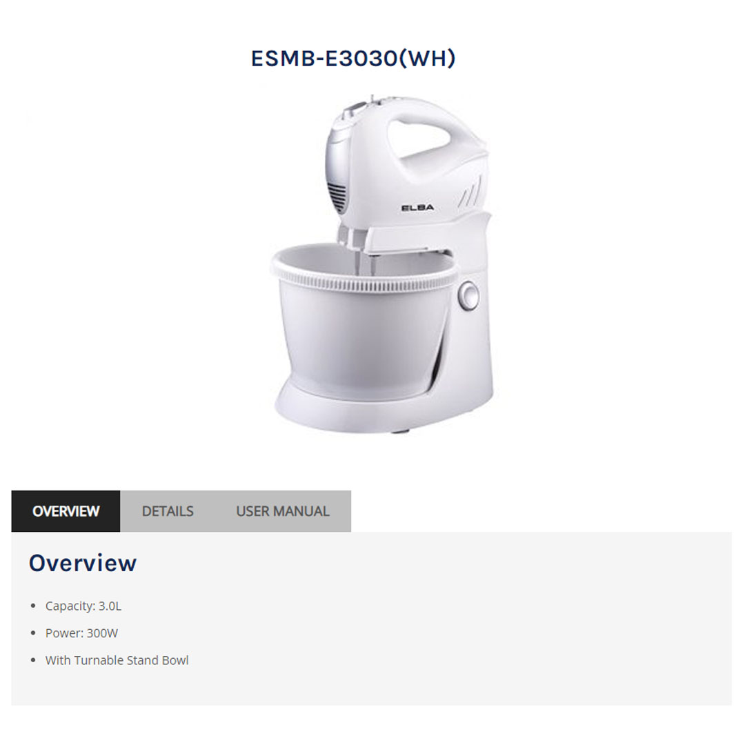 ELBA 3L Stand Mixer ESMB-E3030(WH) | With Turnable Stand Bowl | 5-speed | Included Beaters, Dough Hooks, Stand Bowl | Stand Mixer with 1 Year Warranty