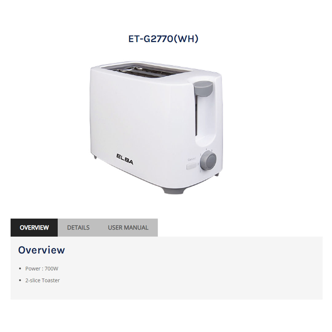 ELBA 2 Slice Bread Toaster ET-G2770(WH) | 7 Browning Level | Auto Pop-up | Crumb Tray | Cancel Function | Bread Toaster with 1 Year Warranty