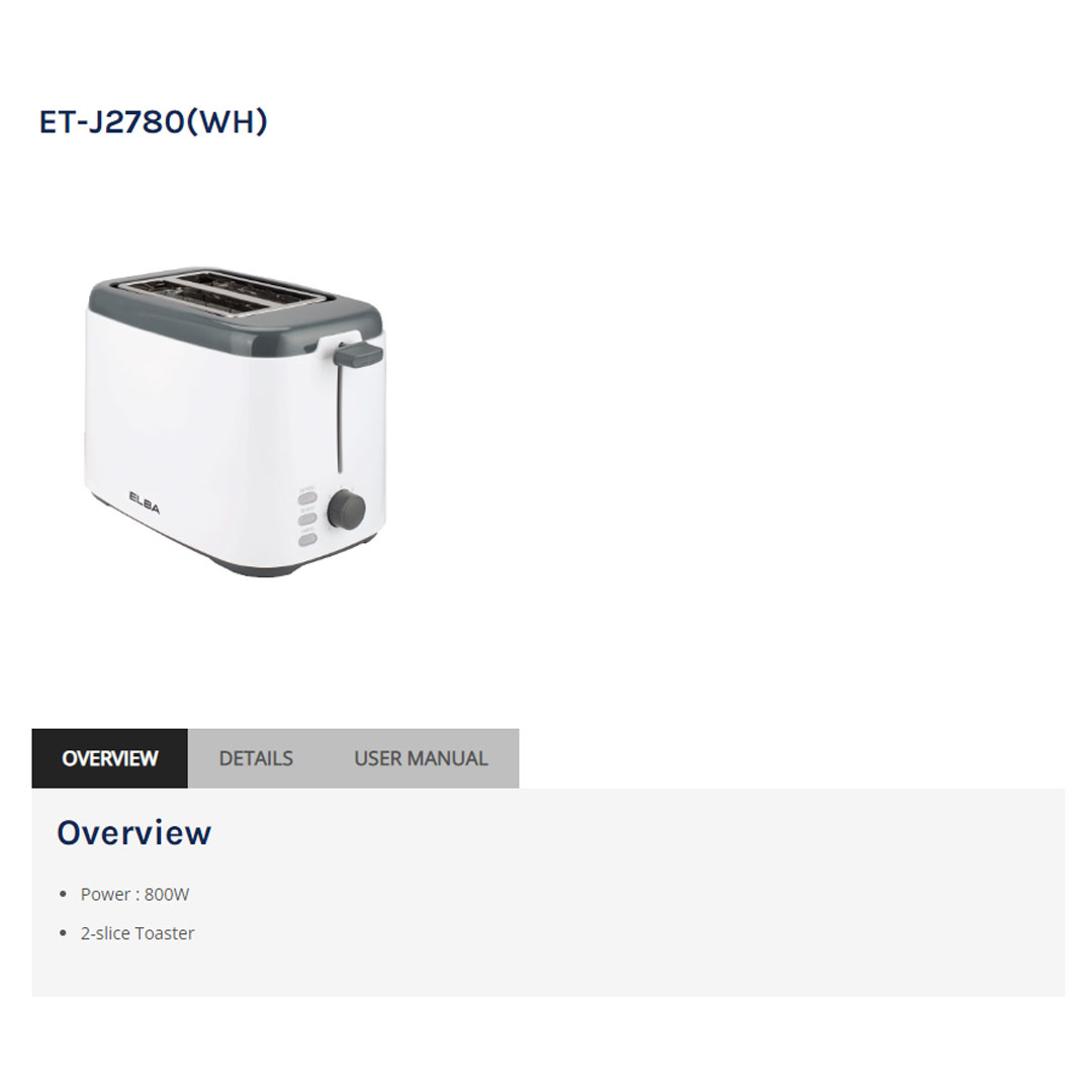 ELBA 2 Slice Bread Toaster ET-J2780(WH) | Power : 800W | 7 Browning Level | Defrost Function | Reheat Function | Cancel Function | Toaster with 1 Year Warranty
