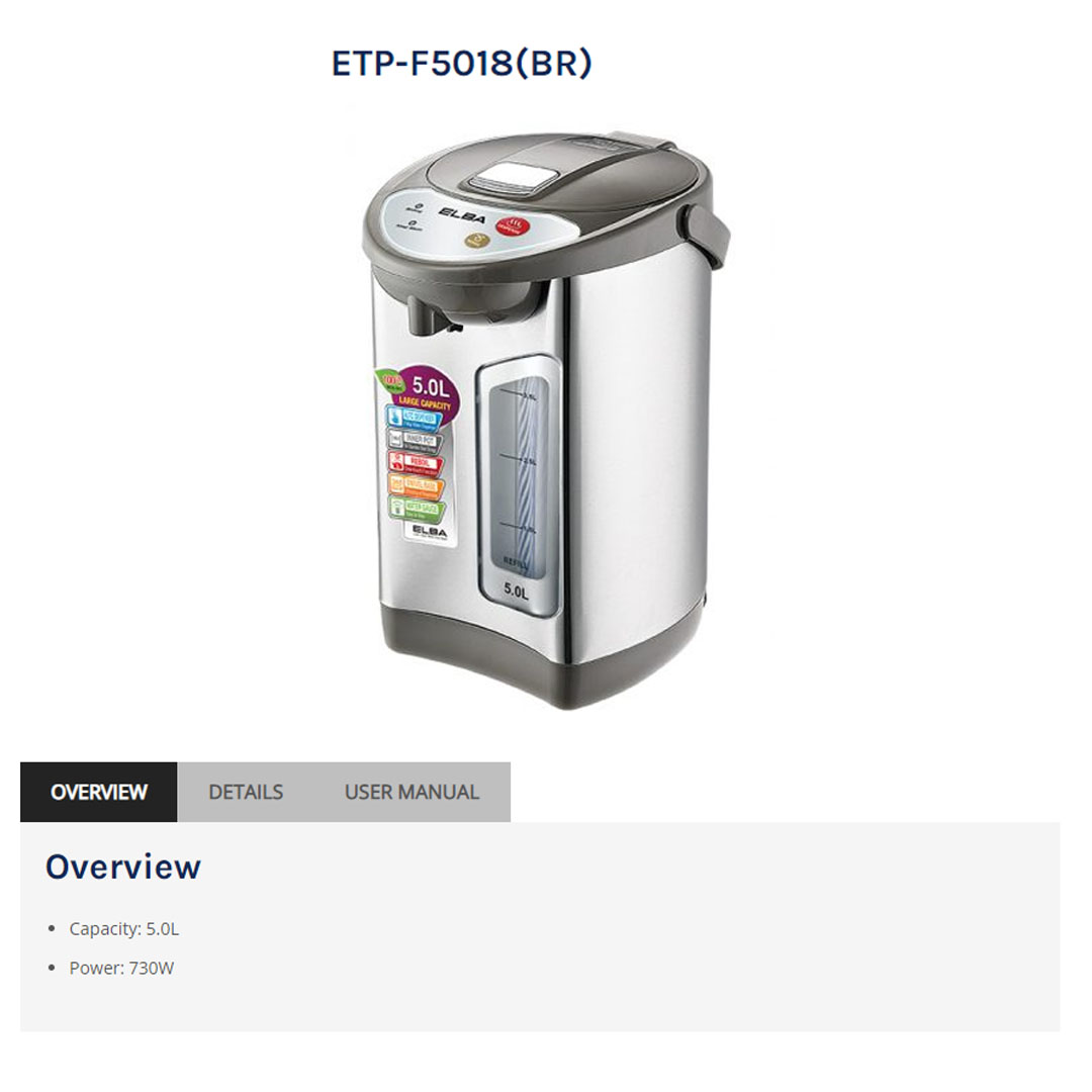 ELBA 5L Thermopot ETP-F5018(BR) | Dry-boiled Protection | 304 Stainless Steel Inner Pot | Auto Reboil | Thermo Pot with 1 Year Warranty