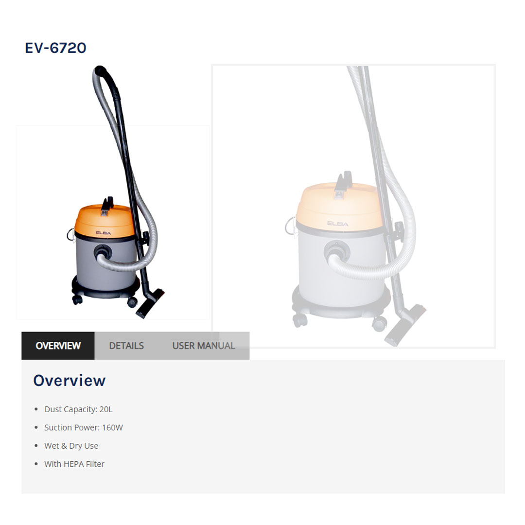 ELBA 1200W Wet & Dry Vacuum Cleaner EV-6720 | With HEPA Filter | Suction Power: 160W | Dust Capacity: 20L | Vacuum Cleaner with 1 Year Warranty