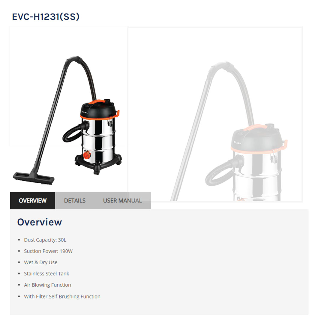 ELBA 1200W Wet & Dry Vacuum Cleaner Stainless Steel EVC-H1231(SS) | Air Blowing Function | With Filter Self-Brushing Function | Dust Capacity: 30L | Vacuum Cleaner with 1 Year Warranty