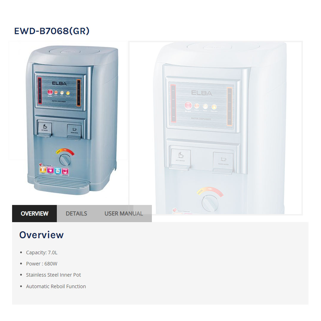 ELBA 7L Water Dispenser EWD-B7068(GR) | Stainless Steel Inner Pot | Automatic Reboil Function | Anti Dry-Boiled Protection | Water Dispenser with 1 Year Warranty