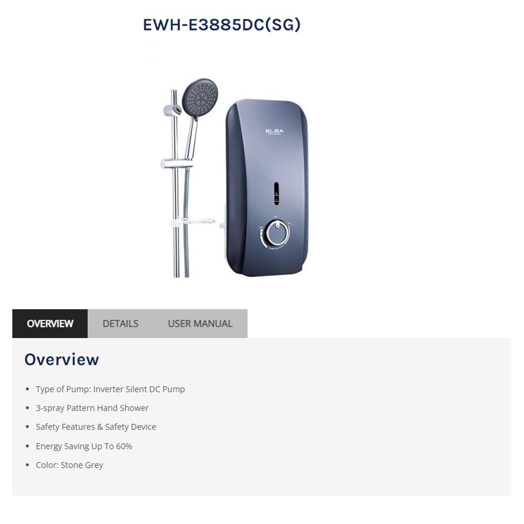 ELBA 3600W Inverter Silent DC Pump Water Heater EWH-E3885DC(SG) | Inverter Silent DC Pump | Built-in Auto Water Flow Switch | Splash Proof Protection | 1 Year General  & 7 Year Heating Element & 10 Year On Anti Leakage & 5 Year Motor Warranty