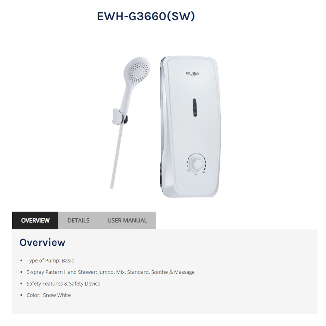 ELBA 3600W Water Heater Snow EWH-G3660(SW) | Safety Features & Safety Device | Extra Safety DPDT | ELSD for Prevent Electrocution | Splash Proof Protection (IP25 Standard) | Water Heater with 1 Year Warranty