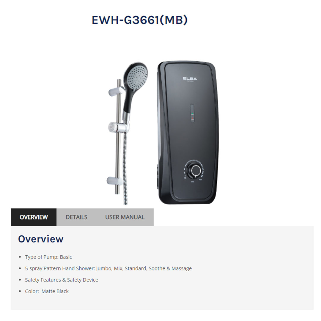 ELBA 3600W Water Heater EWH-G3661(MB) | Safety Features & Safety Device | Extra Safety DPDT | Built-in Auto Water Flow Switch | Splash Proof Protection | Water Heater with 1 Year General & 7 Year Heating Element & 10 Year Anti-Tank Leakage Warranty