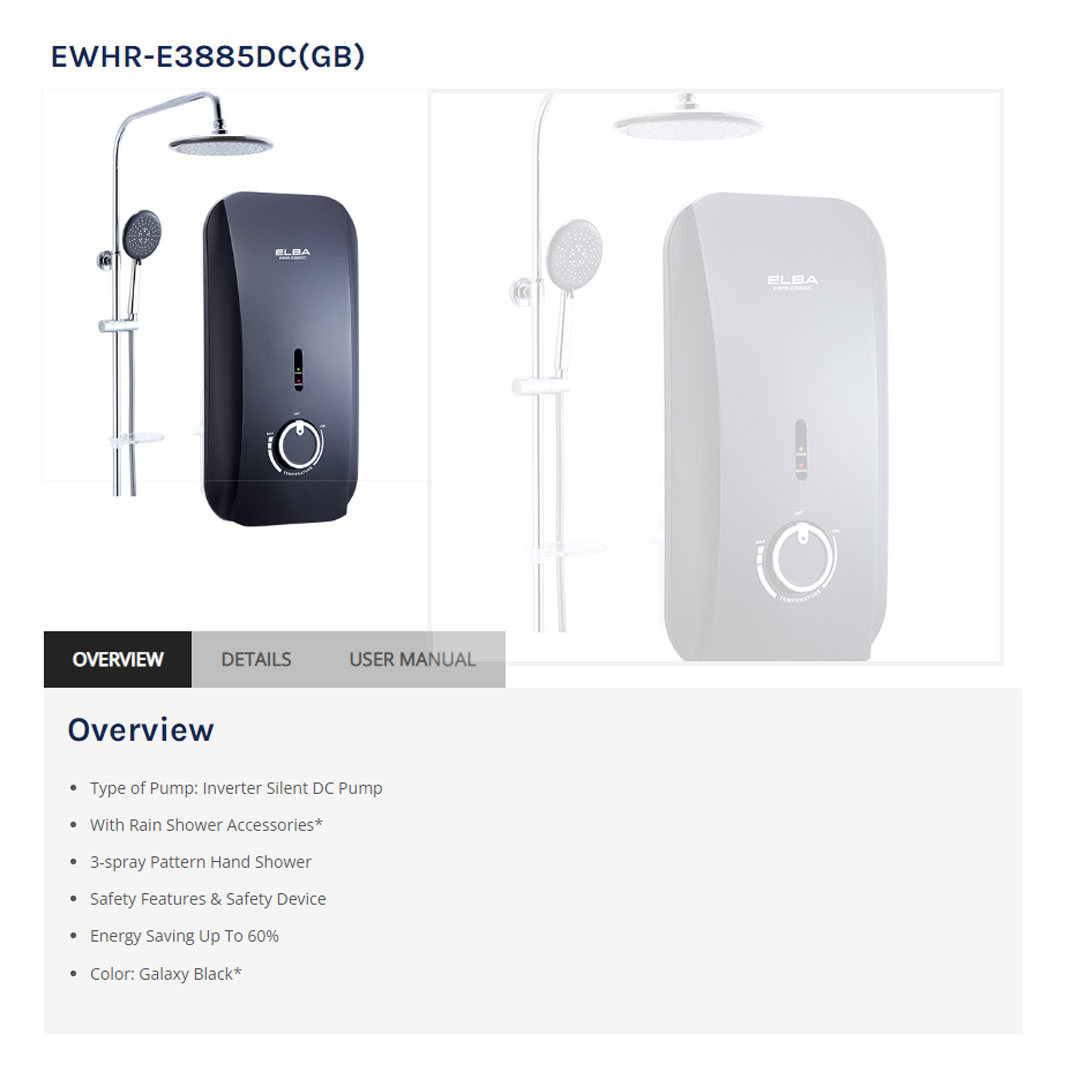 ELBA 3600W DC Pump Water Heater EWHR-E3885DC(GB) | With Rain Shower Accessories | 3-spray Pattern Hand Shower | Energy Saving Up To 60% | Water Heater with 1 Year Warranty