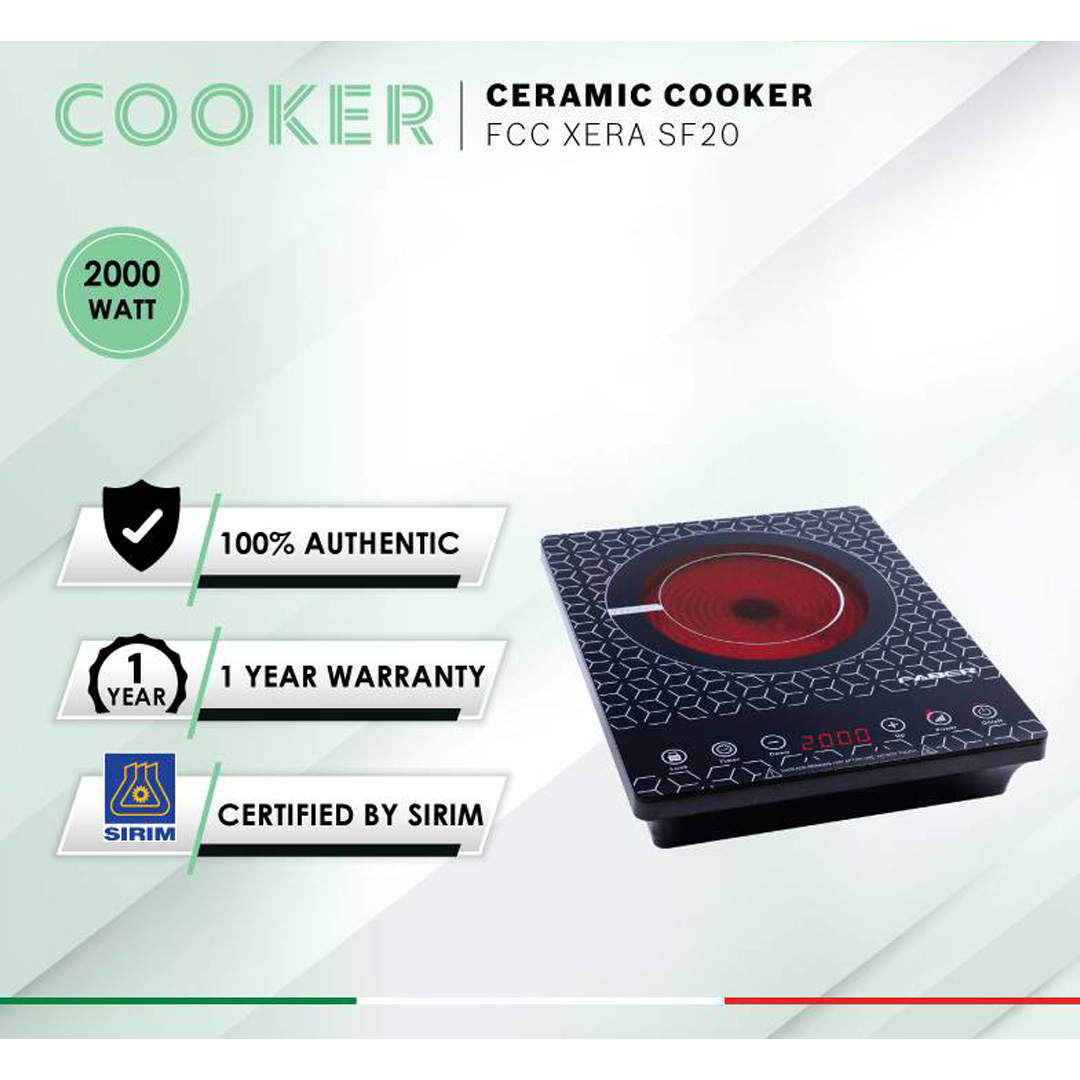 FABER 2000W Ceramic Cooker FCC XERA SF20 | 13amp Power Plug | One Ceramic Plate | Auto Cut-off | Safety Lock | Touch Sensor Control Panel | Ceramic Cooker with 1 Year Warranty