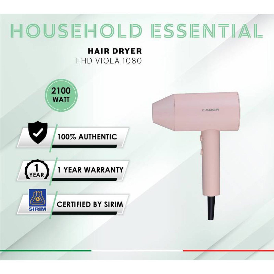FABER 2100W Hair Dryer FHD VIOLA 1080 | Double Layer Filter | 2 Level Heat Setting | Cool Shoot Function | Single Layer Professional Concentrator | DC Motor | Hair Dryer with 1 Year Warranty