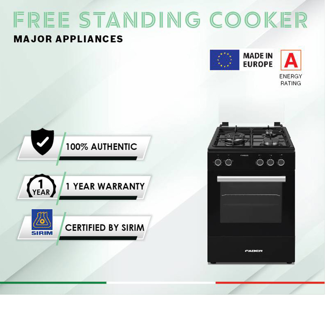 FABER 3 Burner Free Standing Cooker FISSO 5583E/BK | Full Electric Oven with 5 Functions | Auto ignition Hobs | Enamel Pan Support | Cooker Hob with 1 Year Warranty